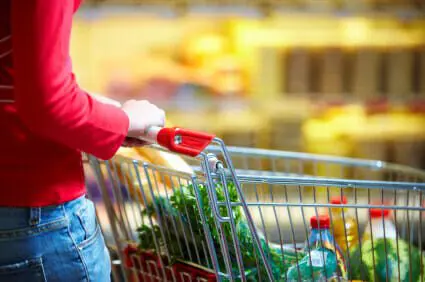 Blog 8 Woman grocery shopping holding shopping cart