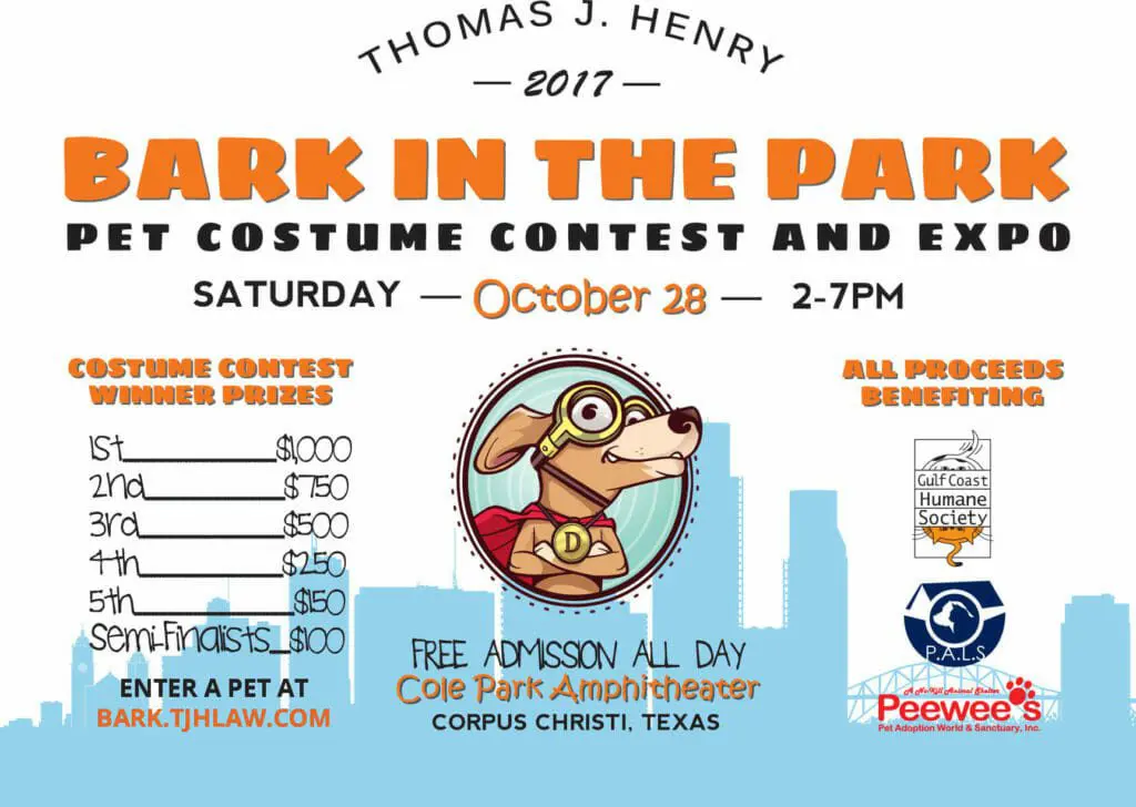 6TH Annual Thomas J. Henry Bark in the Park on Saturday, October 28 corpus christi event flyer 4.25x5.5 2017