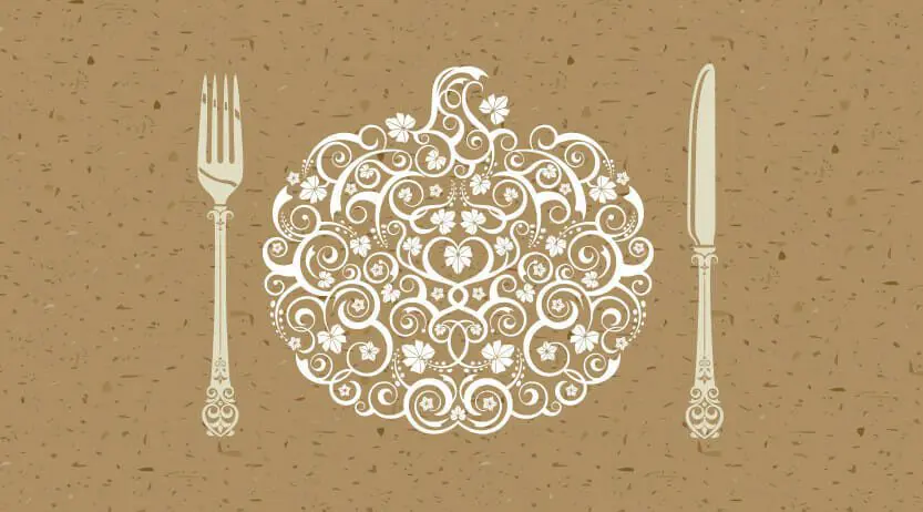 Decorative pumpkin art with fork and knift
